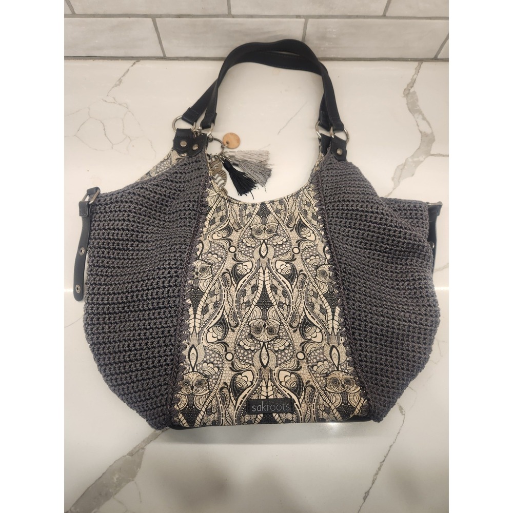 Sakroots Roma Shopper Purse Shoulder Bag Black Gray Cream Crochet Logo Owl FOB